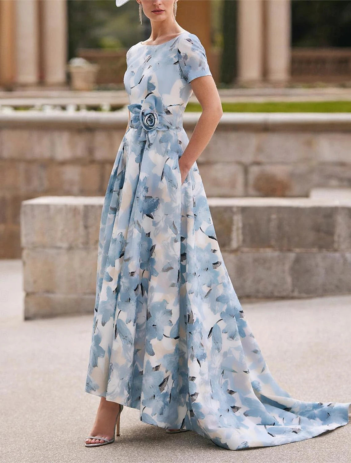 Wholesale A-Line Mother of the Bride Dress Kentucky Derby Dresses Formal Wedding Guest Elegant Bateau Neck Asymmetrical Ankle Length Chiffon Short Sleeve with Pleats Flower